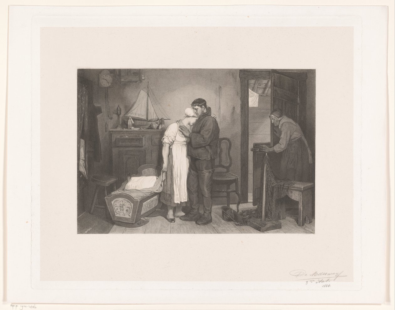 Visser Interiør med et sørgende ektepar ved en tom krybbe av François de Meersman (signed by artist)