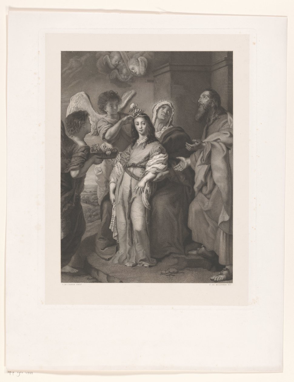Maria som en ung kvinne, utsmykket av engler i nærvær av Joachim og Anna av François de Meersman