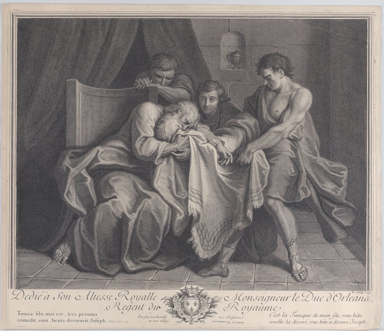 Jakob gråt i sønnens kappe mens de andre sønnene hans trekker den bort fra ham, 1724. av François de Poilly