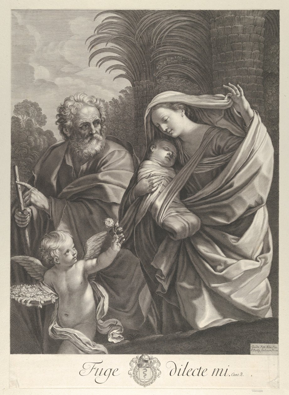 Flukten til Egypt, den hellige familie som går sammen, Saint Joseph peker på t..., ca. 1648-81. av François de Poilly