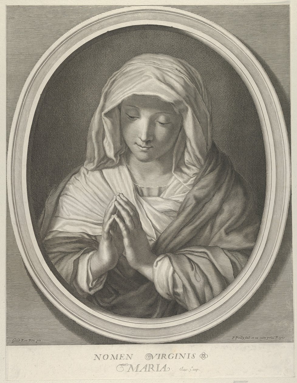 Jomfruen i bønn ser ned, i en oval ramme, etter Reni, 1640-93. av François de Poilly