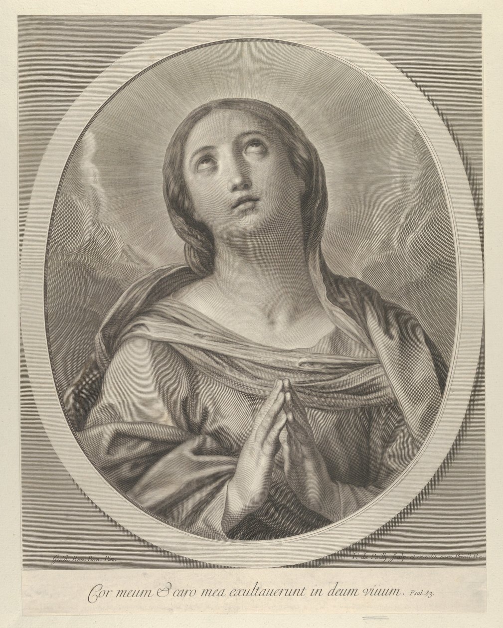 Jomfruen i bønn, ser opp med skyer bak seg, i en oval ramme, etter Reni, ..., 1648-81. av François de Poilly