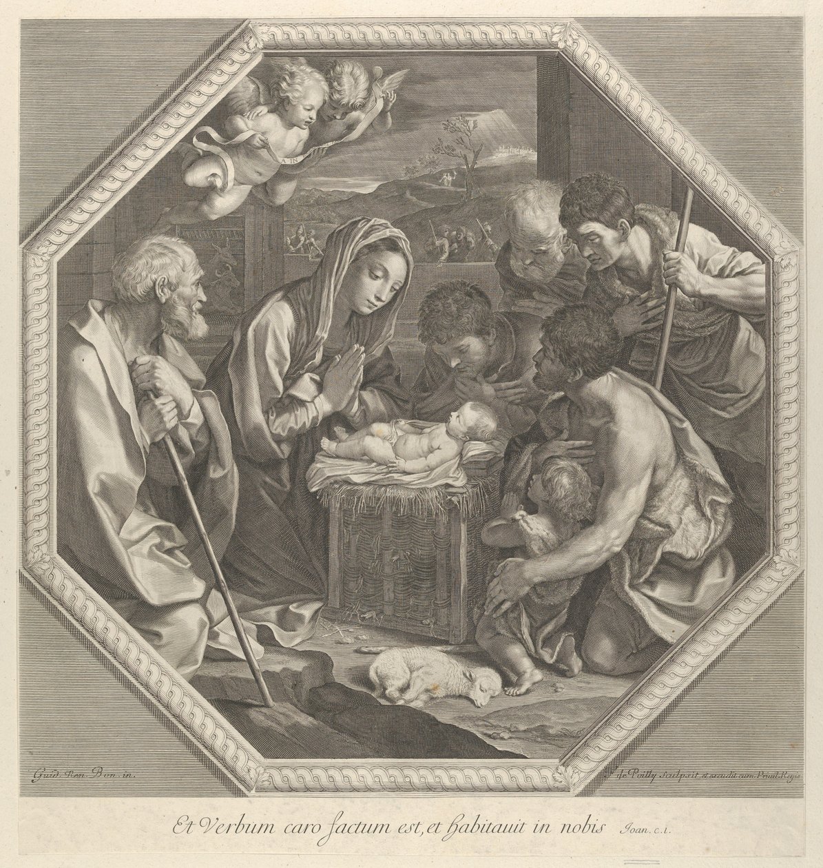 Tilbedelsen av hyrdene som kneler sammen rett foran spedbarnet Kristus..., ca. 1655-93. av François de Poilly