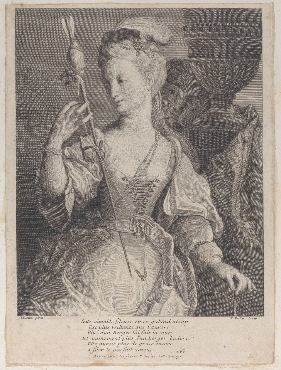 Ung kvinne spinner tråd for en pil, 1686-1741. av François de Poilly