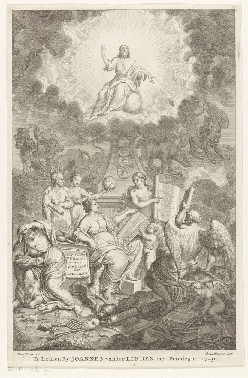 Allegori over gamle og nye testamente O. og N.-pakten knyttet sammen av H. Prideaux (tittel på objekt) Tittelside for: Humphrey Prideaux, Den gamle og nye pakt er knyttet sammen i historiene til jødene og de grensende folkene av François van Bleyswijck