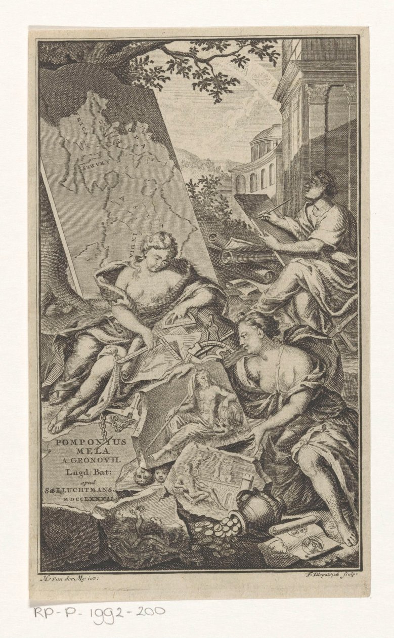 Allegorie op de meetkunde Tittelside for: Pomponius Mela en Abraham Gronovius, Pomponii Melae de situ orbis libri III, 1782 av François van Bleyswijck