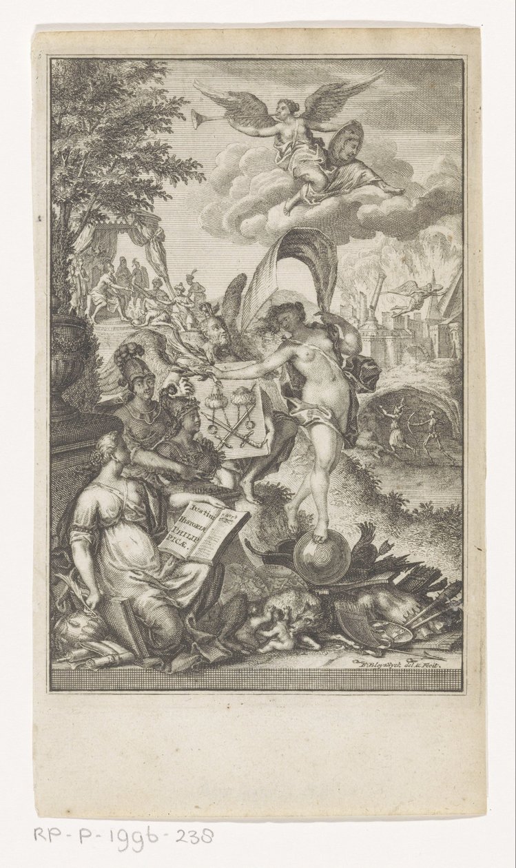 Allegori om Makedonias seier Tittelside for: Marcus Iunianus Iustinus og Abraham Gronovius, Iustini Historiae Philippicae, 1719 av François van Bleyswijck