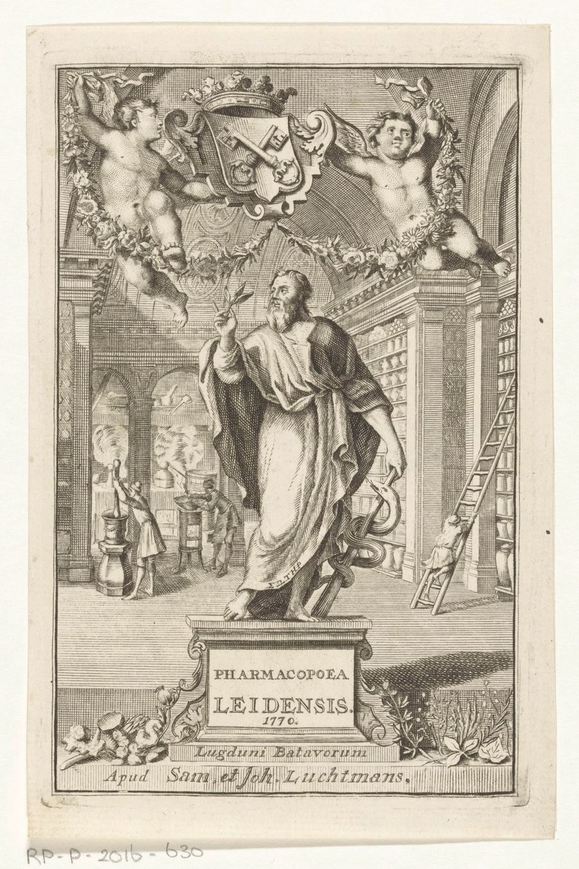 Asclepius Titelpagina voor: S.n., Pharmacopoeia Leiden, opprettet av de største sorenskrivernes myndighet, 1770 av François van Bleyswijck