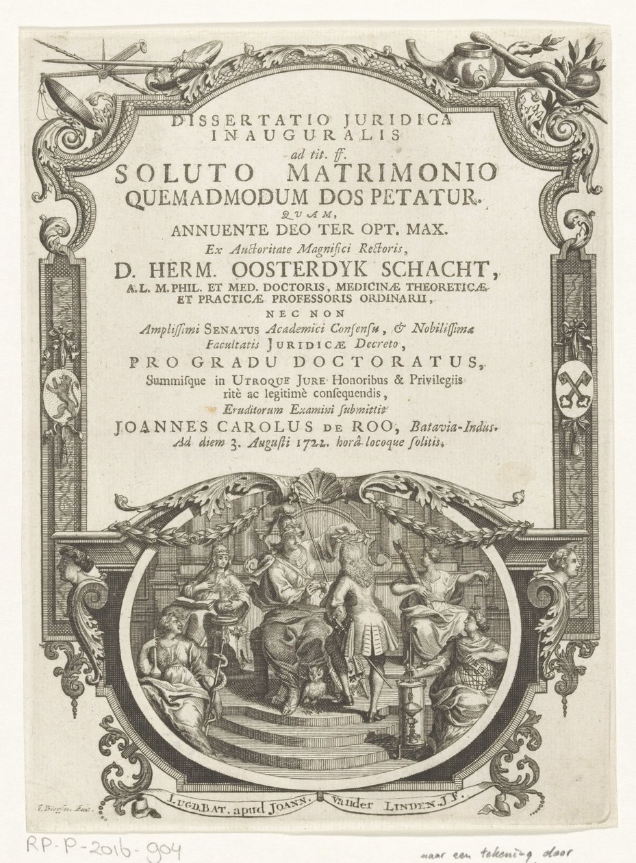Minerva lauwert schrijver Tittelside for: Johannes Carolus de Roo, Dissertatio juridica inauguralis, ad tit. ff. etter et oppløst ekteskap, hvordan medgift bes om, 1722 av François van Bleyswijck