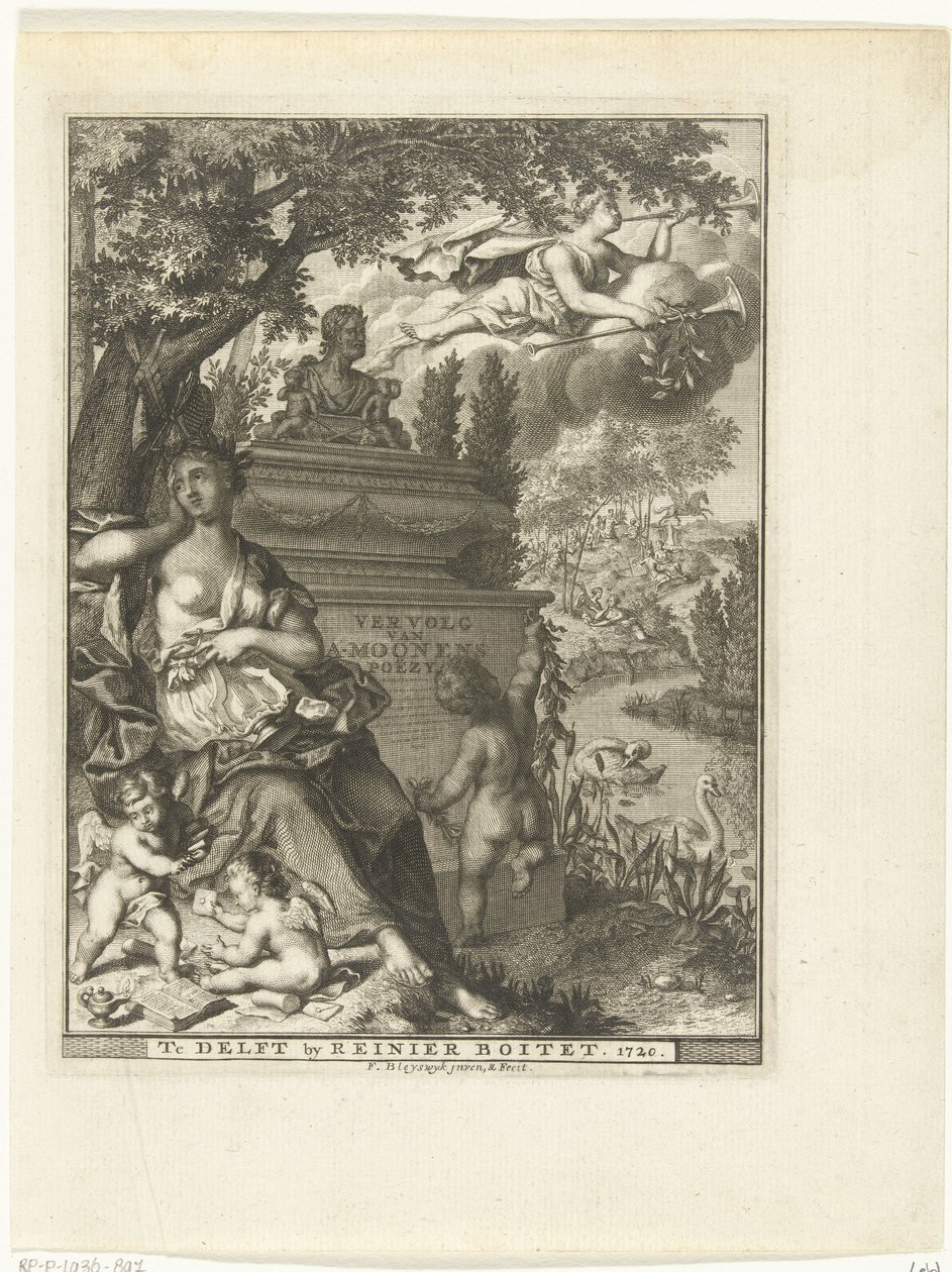 Muse og putti sitter ved graven til poeten Arnold Moonen Tittelside for: Arnold Moonen, Continued der poëzye, Delft 1720 Fortsettelse av A. Moonens Poezy (tittel på objekt) av François van Bleyswijck