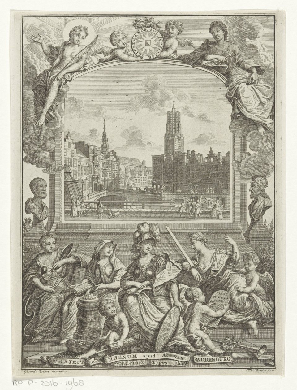 Bybilde med Domkirken i Utrecht og allegori med Minerva og dyder av François van Bleyswijck