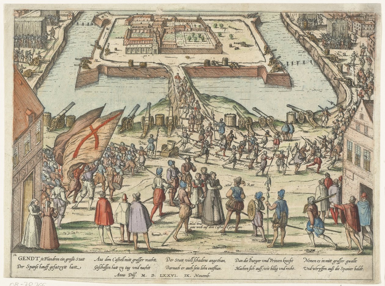 Retablert fra spanjolene fra citadellet i Gent etter en beleiring av de Staten army 9 nov 1576, foran Mondragon og kona av Frans Hogenberg