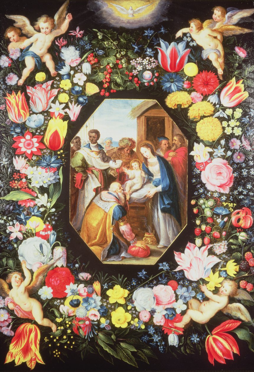 Tilbedelse av magi omgitt av en krans av blomster av Frans II Francken the Younger