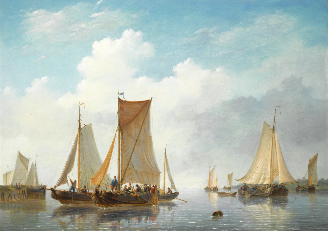 Estuary med skip i rolig vann av Frans Jacobus van den Blijk