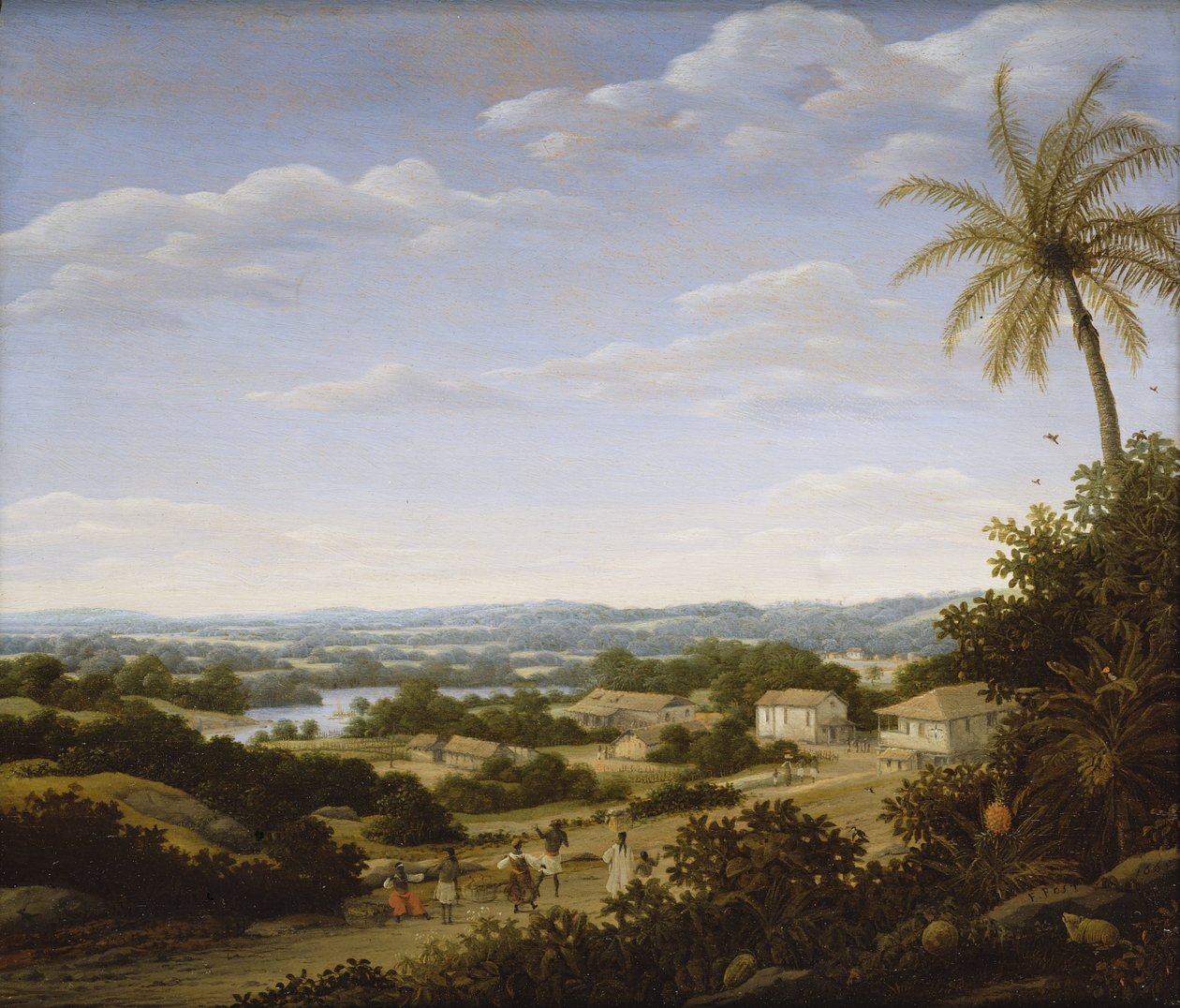 Brasiliansk landskap med innfødte på en vei som nærmer seg en landsby, 1665 av Frans Post