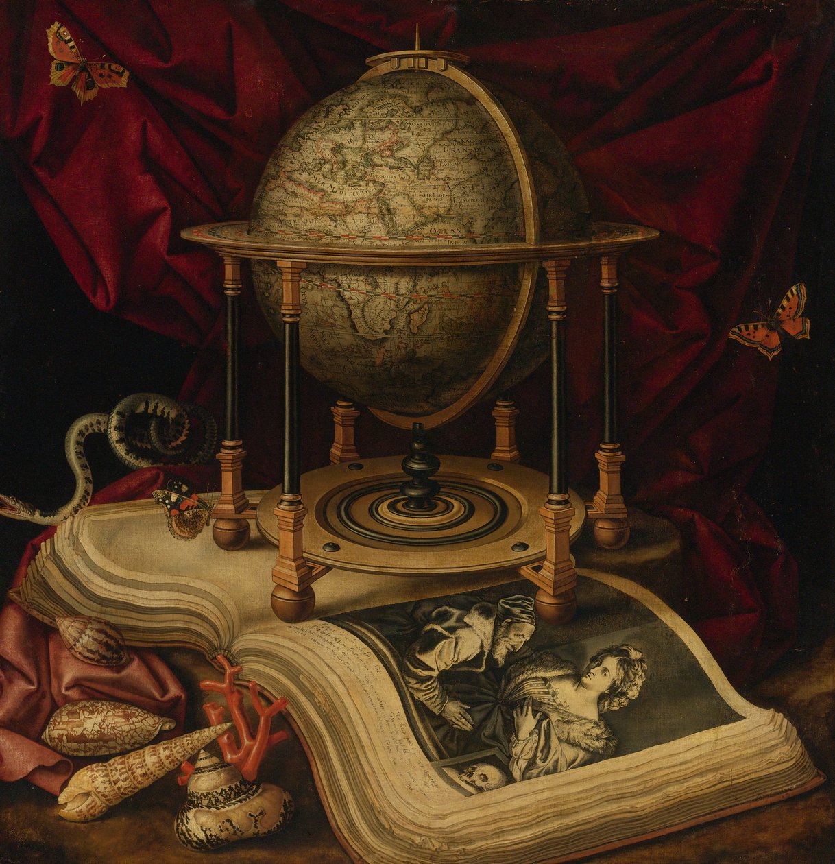 Vanitas stilleben med himmelsk jordklode, en bok, skjell, en slange og sommerfugler av Frans Luycx