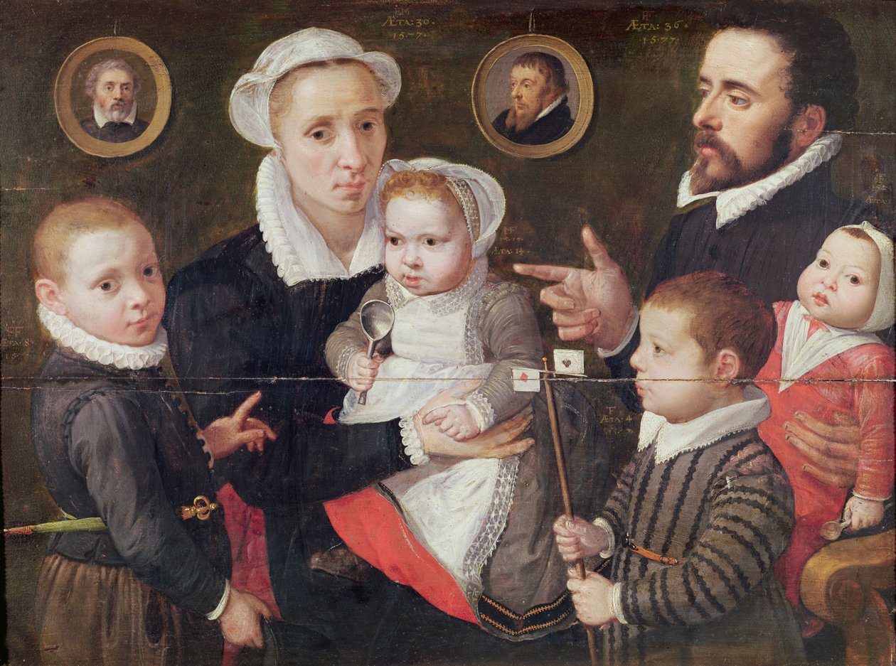 Portrett av en familie: foreldre med sine barn og forfedre, 1577 av Frans Menton d