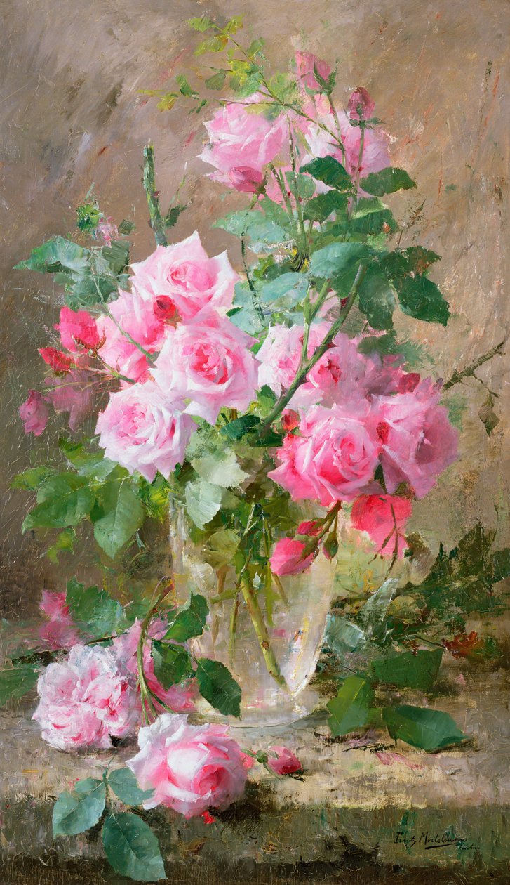 Stilleben av roser i en glassvase av Frans Mortelmans