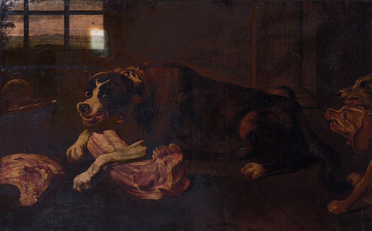 Hunder som gnager ledd av kjøtt av Frans Snyders or Snijders