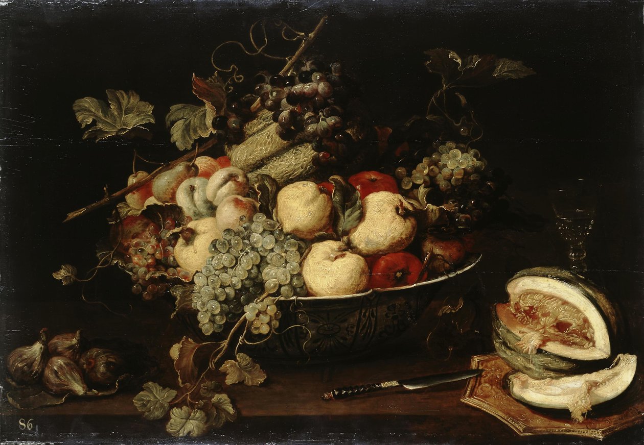 Frukt i en bolle og en skivet melon av Frans Snyders or Snijders
