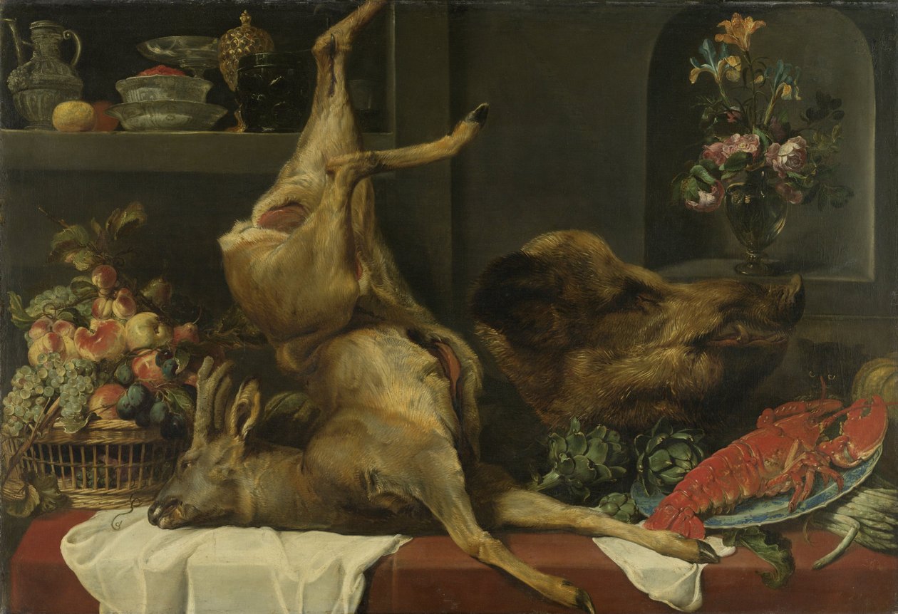 Stilleben med stort dødt vilt, frukt og blomster av Frans Snyders or Snijders