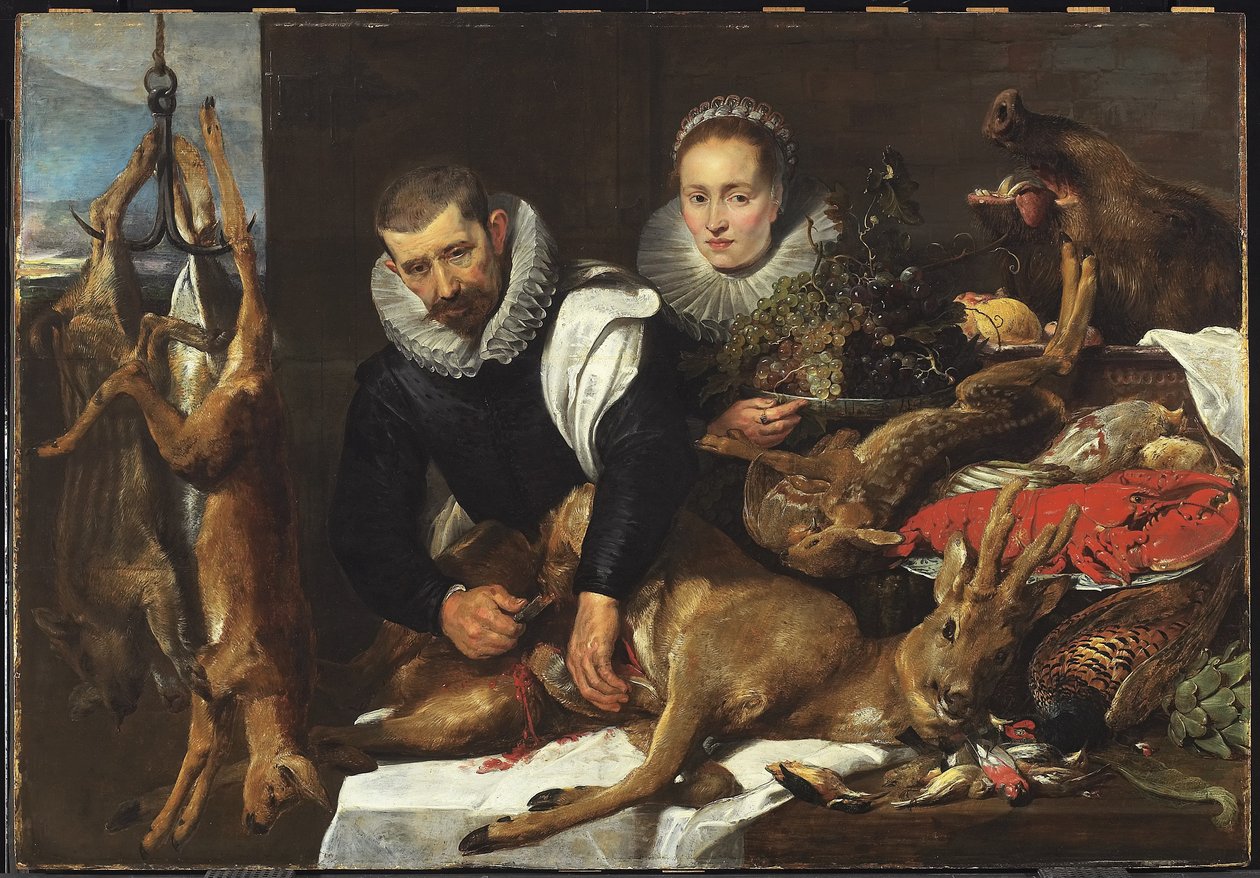 Utskjæring av en rognbukk med et portrett av et ektepar, ca. 1625 (olje på vugget trepanel) av Frans Snyders or Snijders