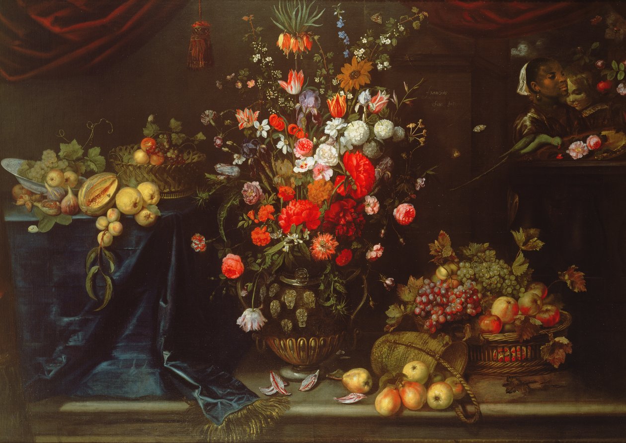 Et stilleben av sommerblomster i en skulpturert urne av Eykens or Ijkens Ykens