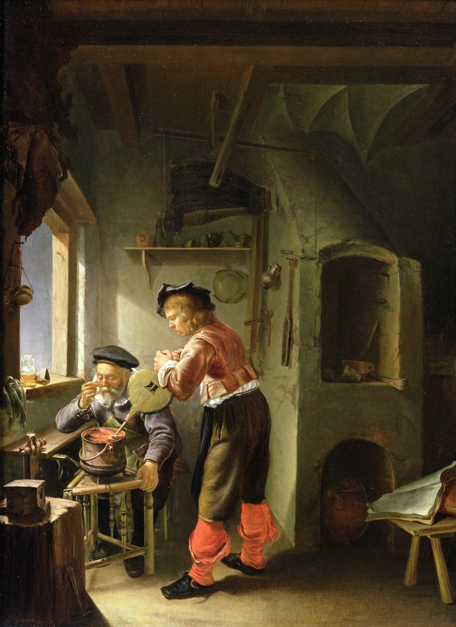 En alkymist og hans assistent i verkstedet deres av Frans van Mieris