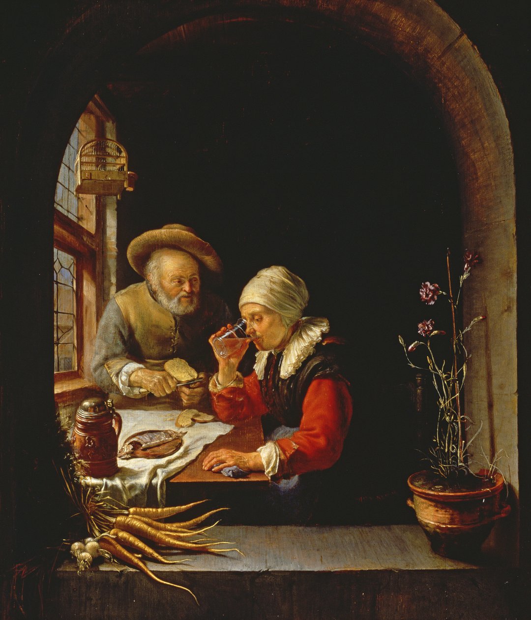 Et eldre par som spiser (panel) av Frans van Mieris