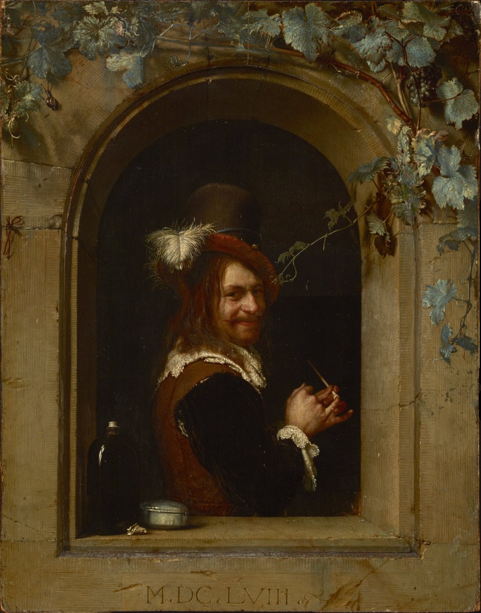 Mann med rør ved vinduet av Frans van Mieris the Elder  