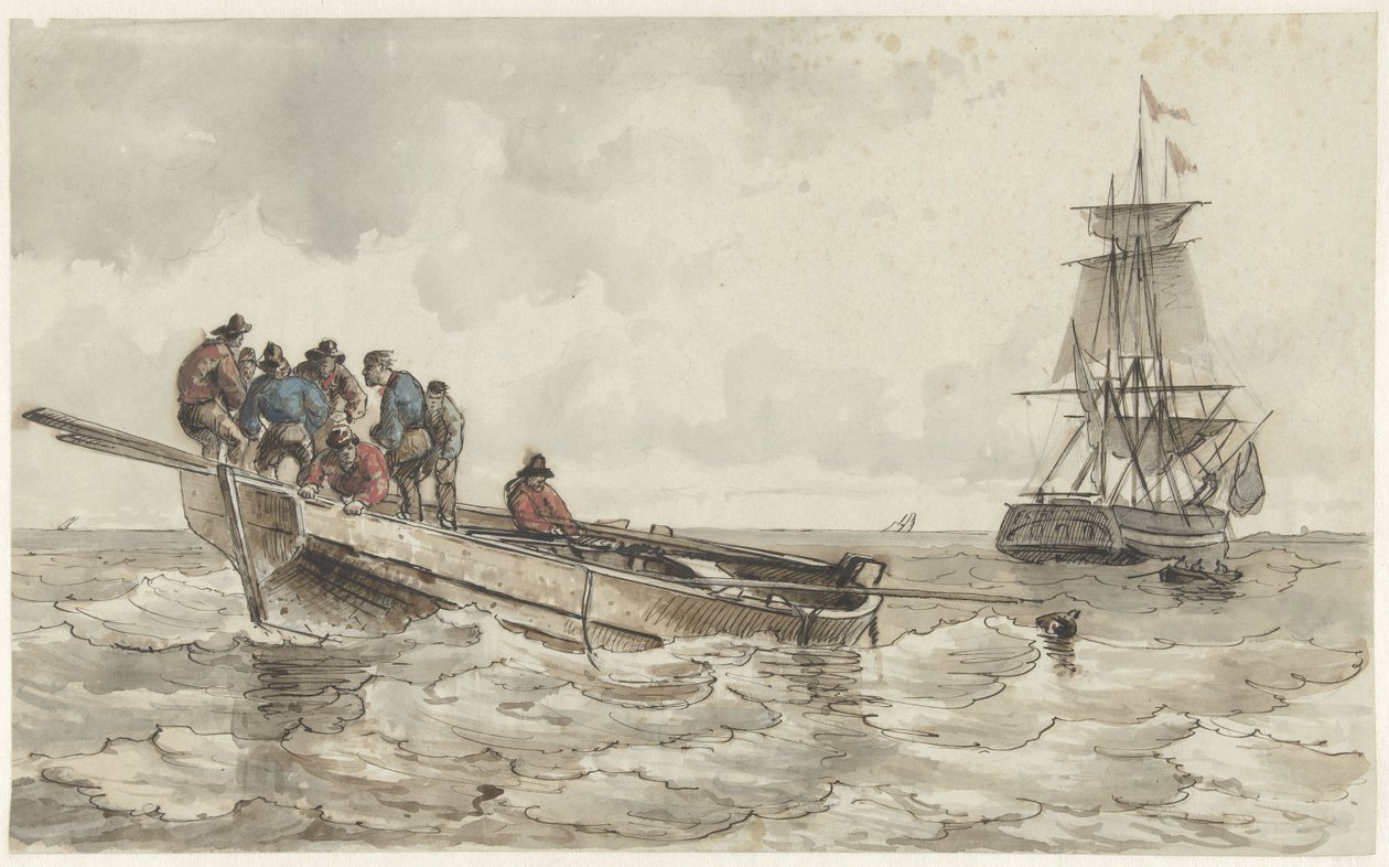 Åtte menn i en robåt nær et seilskip av Frans Arnold Breuhaus de Groot