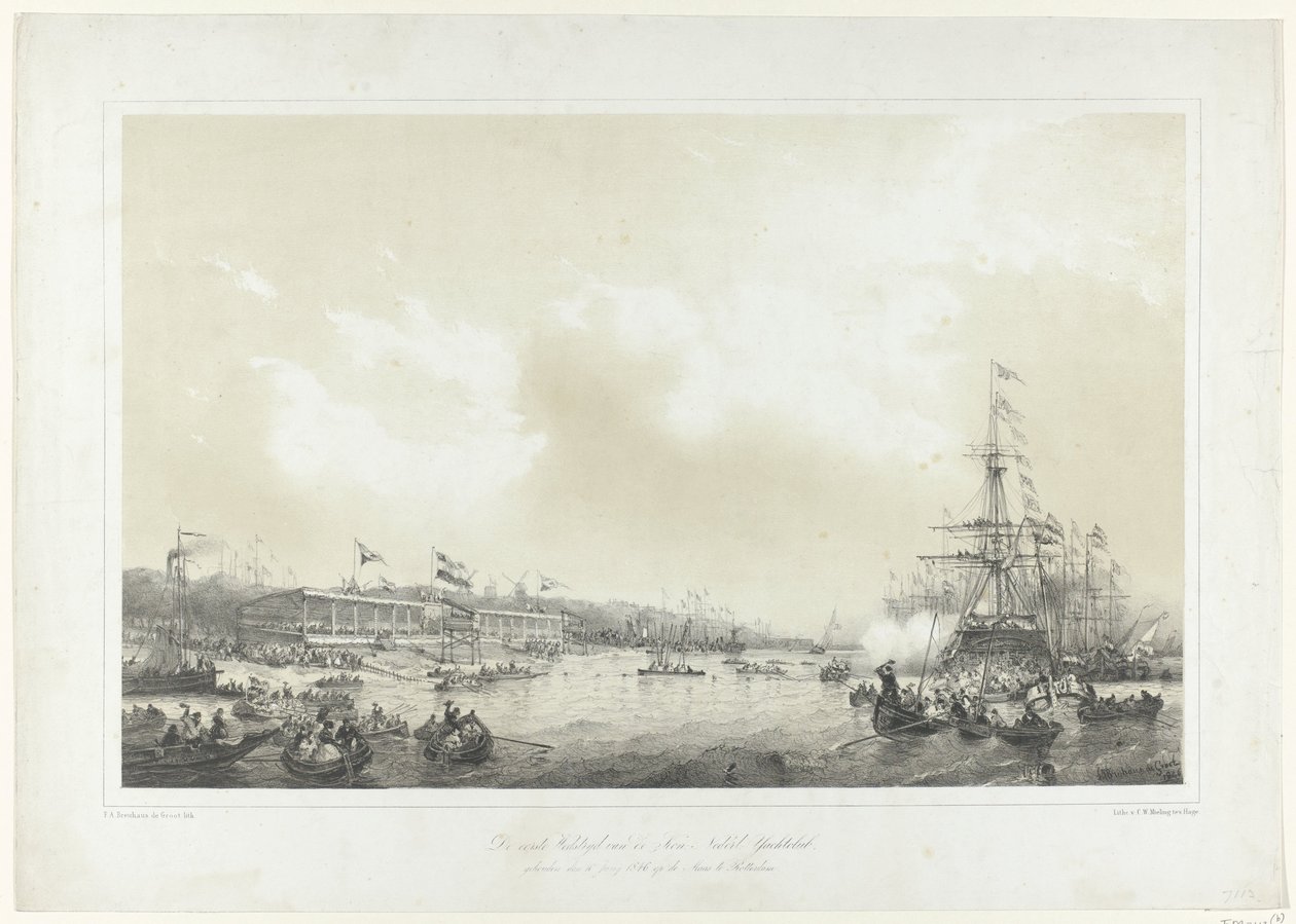 Den første konkurransen til Kon: Dutch: Yachtclub, holdt 10. juni 1846 på Maas i Rotterdam (tittel på objekt) av Frans Arnold Breuhaus de Groot