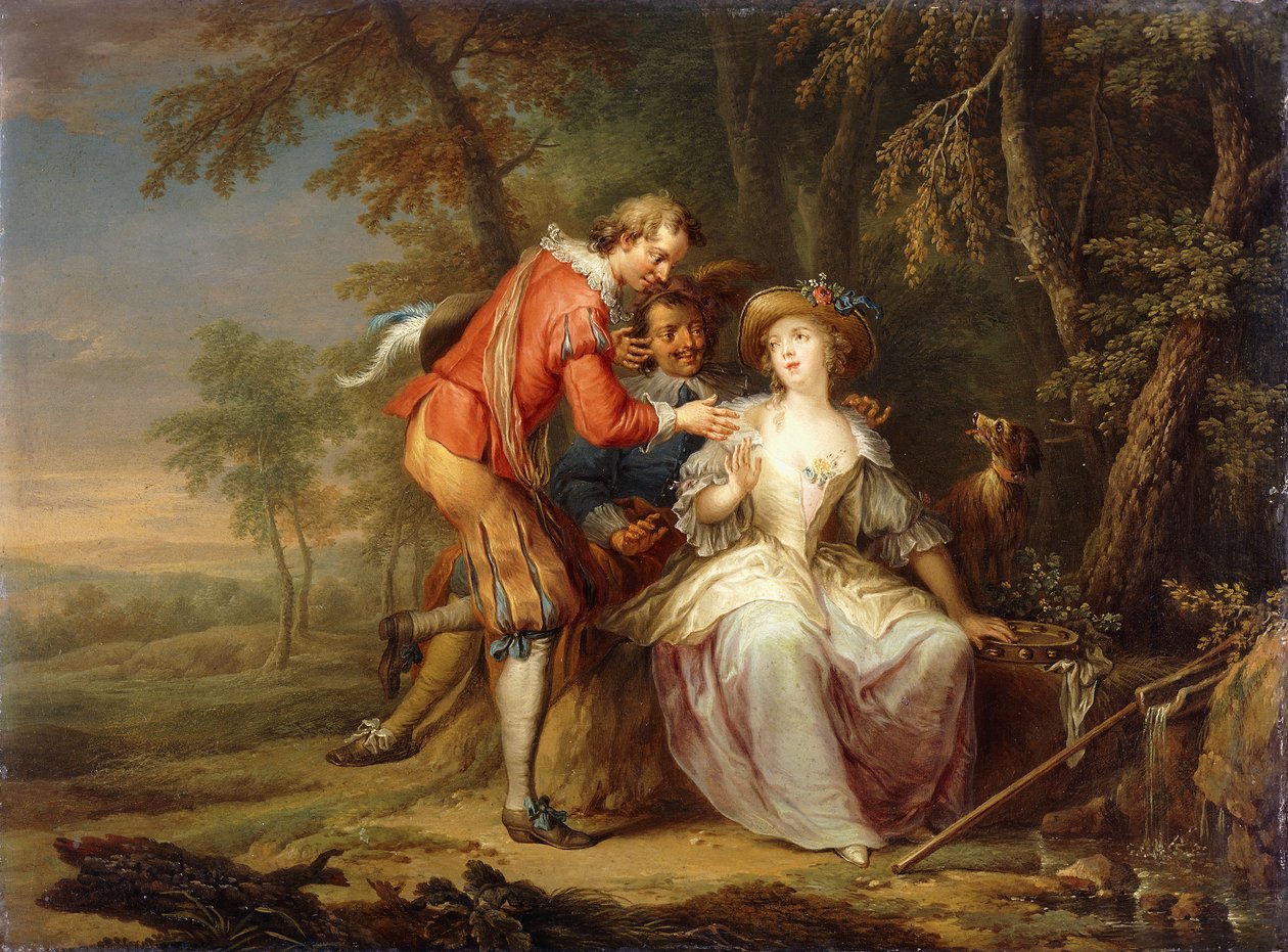 Amorøse allegoriske scener i skogkledde landskap, av Frans Christoph Janneck