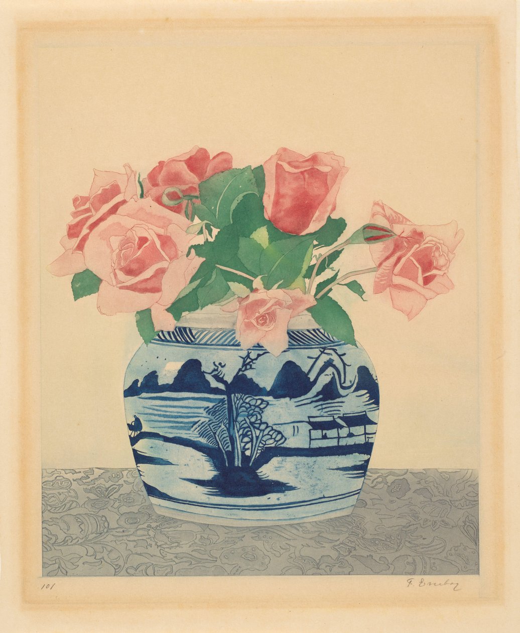 Rosa roser i en ingefærkrukke med kinesiske dekorasjoner av Frans Everbag (signed by artist)