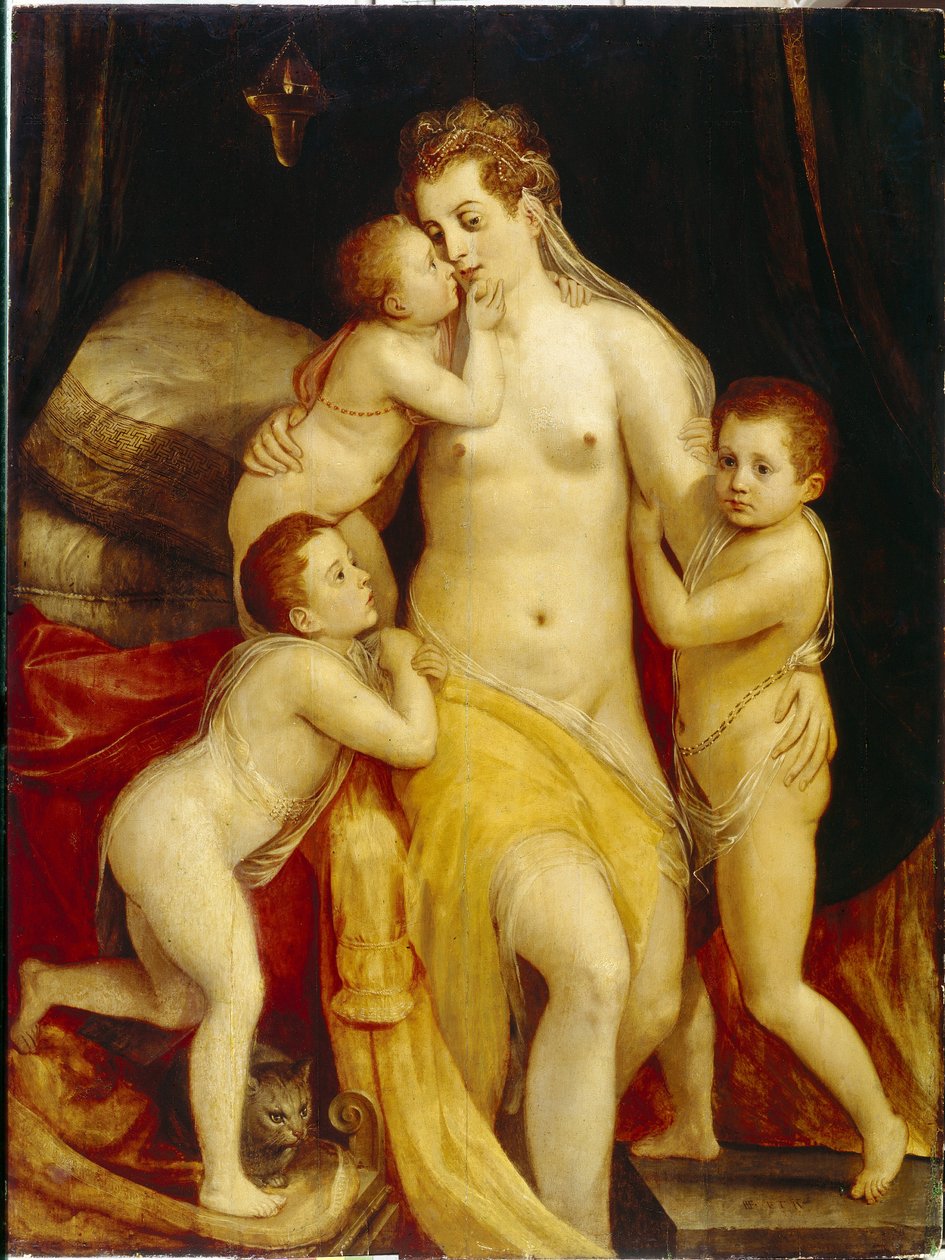 Allegori om veldedighet. Tre barn med medfølende uttrykk nærmer seg ømt sin triste mor for å trøste henne. Maleri av Frans Floris lysken (1519-1570), olje på tre. nederlandsk kunst av Frans Floris