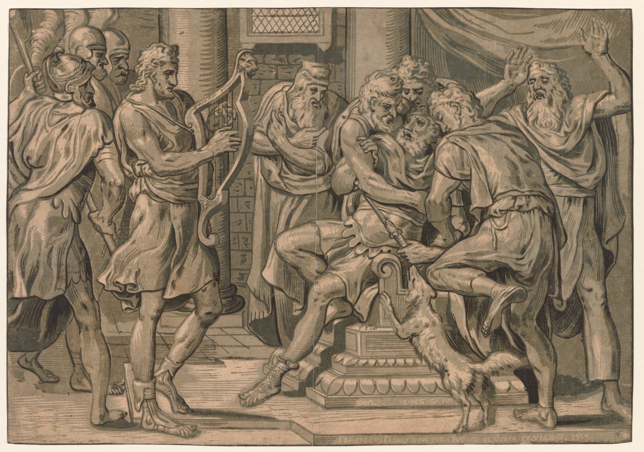 David spiller harpen før Saul, 1555. av Frans Floris