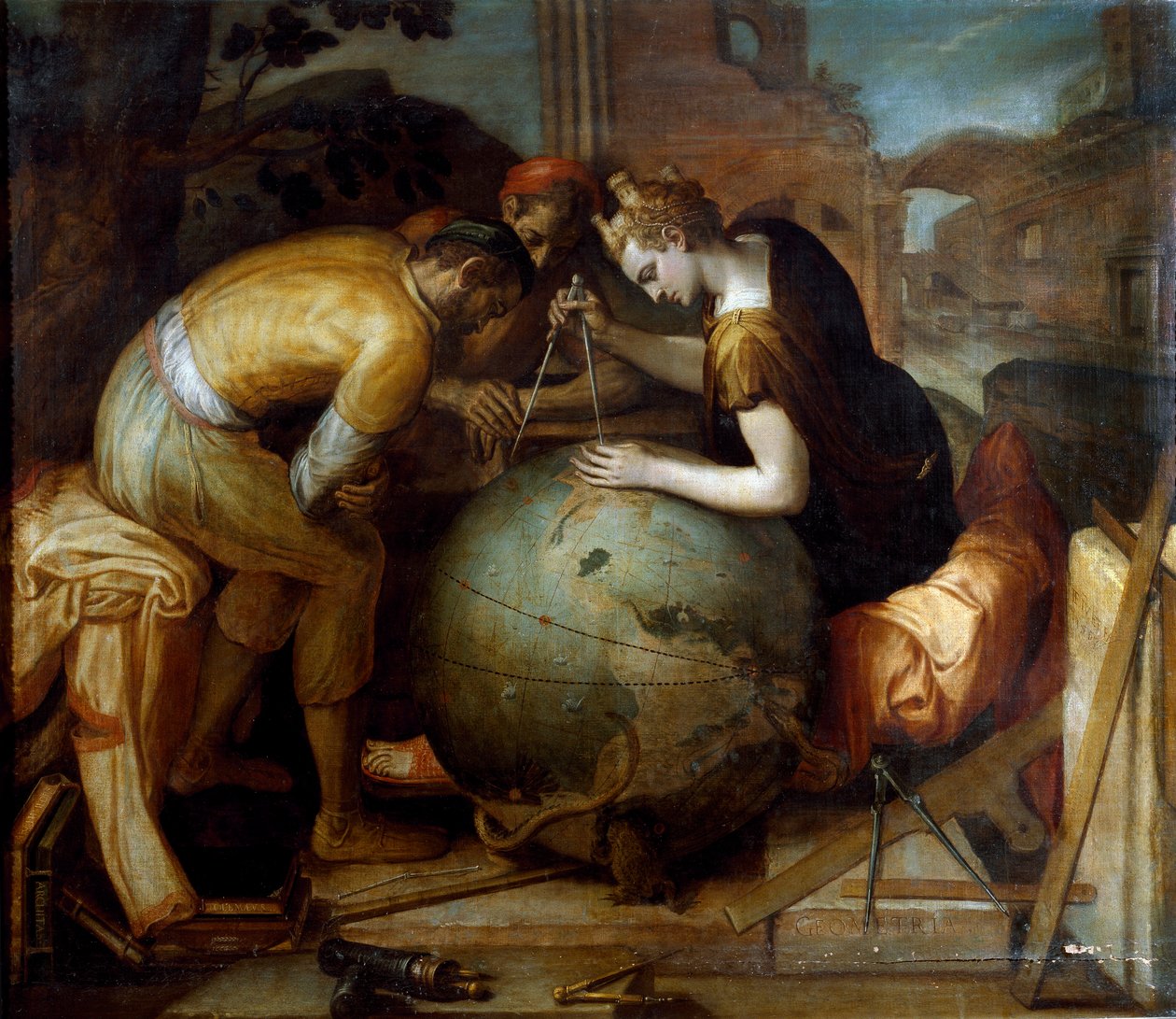 Geometri. Allegori og personifisering av geometri som holder en kompas over en globus. Ulike geometriske instrumenter er arrangert i forgrunnen. Maleri av Frans Floris (1515-1570). flamsk kunst. Privat samling, Genes. av Frans Floris