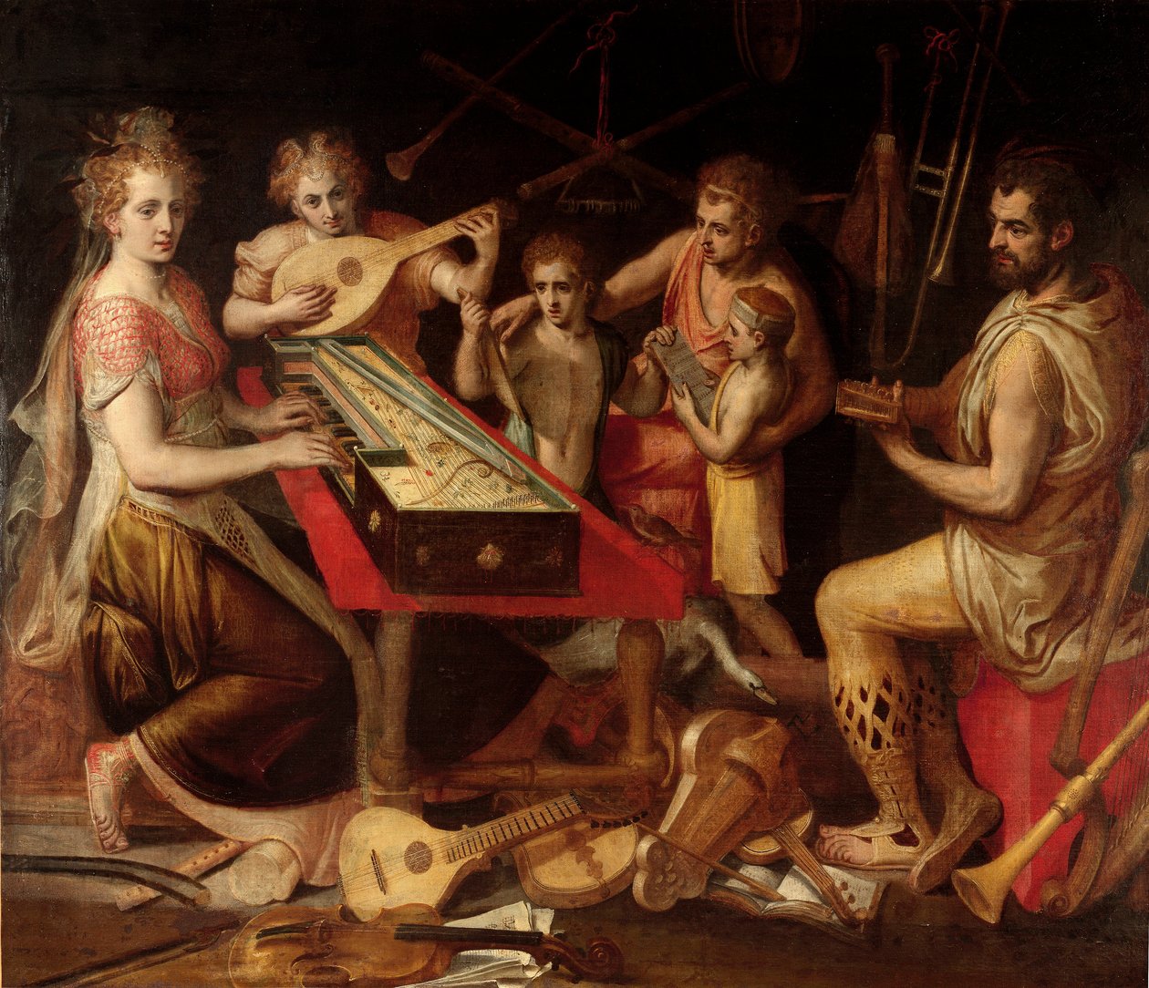 Music Characters vetus har den eldgamle omgivelsen av musikkinstrumenter som utgjør en allegori. Maleri av Frans Floris (1515-1570) 1500-tallets gener, privat samling av Frans Floris