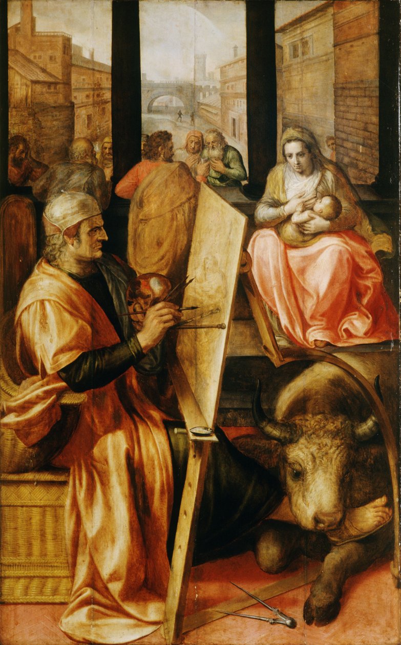 Saint Luke maler jomfru Maria (olje på panel) av Frans Floris