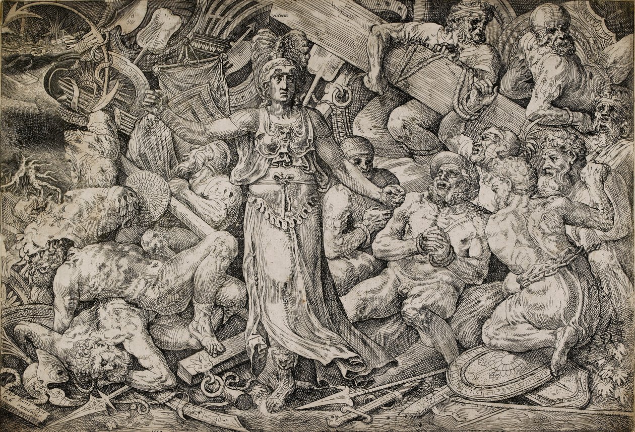 Victoria omgitt av fanger og troféer, 1552. av Frans Floris