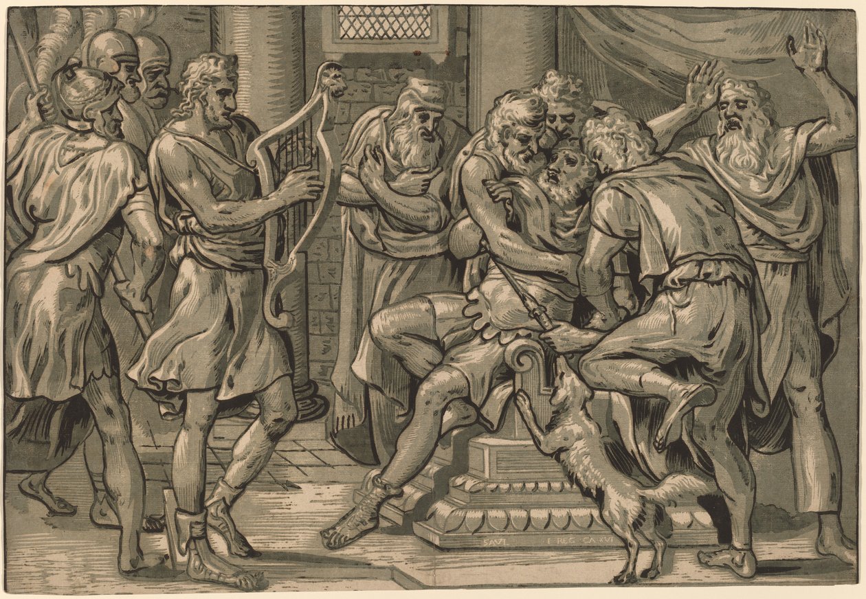 David spiller harpe før Saul av Frans Floris I