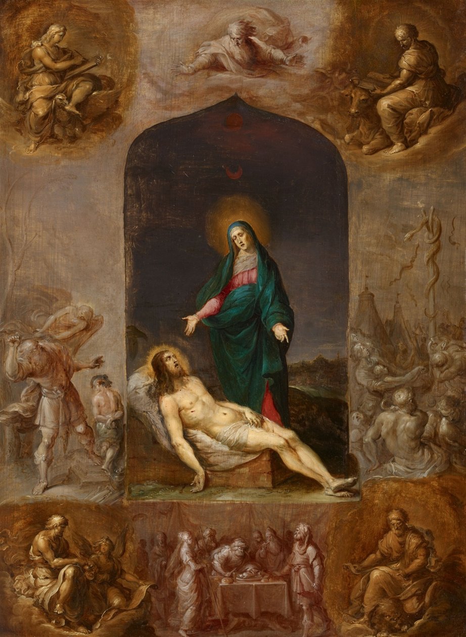 Pietà omgitt av grisaille-motiv av de fire evangelistene og scener fra Det gamle testamente av Frans Francken the Younger