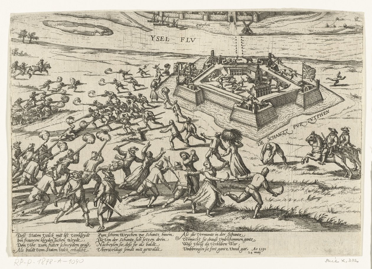 Tar redutten ved Zutphen, 1591 Serie 10: Nederlandske og utenlandske begivenheter, 1587-1612 (serietittel) av Frans Hogenberg (workshop of)
