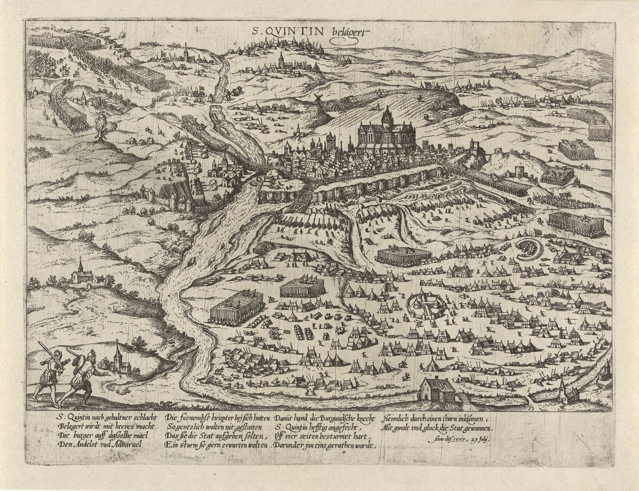 Beleiring av Saint-Quentin, 1557 S. Quintin belägert (tittel på objekt) Serie 2: Begivenheter i Nederland, 1555-1558 (serietittel) av Frans Hogenberg