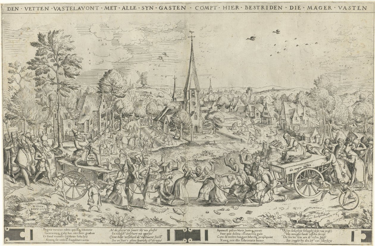 Kampen mellom karneval og faste Den fat Vastelavon med alle syn gjester compt here bestriden die meager Vasten (tittel på objekt) av Frans Hogenberg