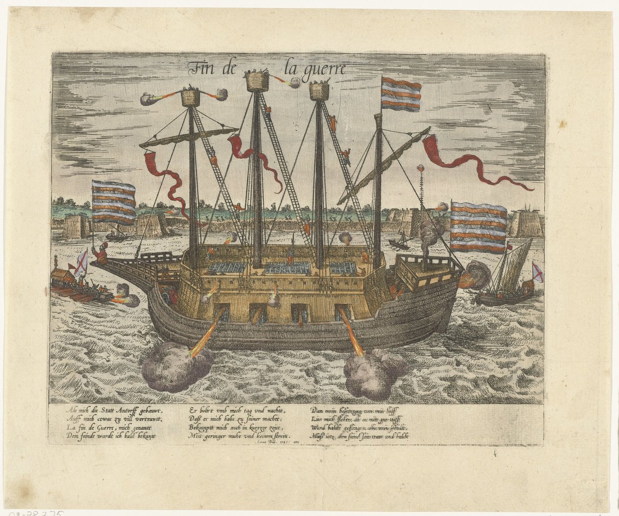 Skipet Fin de la guerre, 1585 Fin de la guerre (tittel på objekt) Serie 9: nederlandske og tyske begivenheter, 1583-1587 (serietittel) av Frans Hogenberg