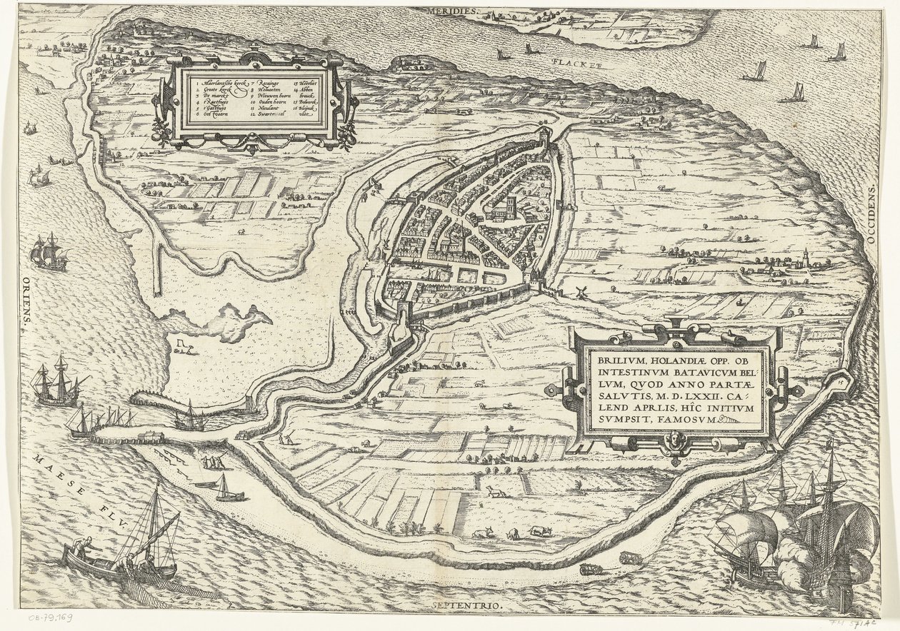 Kart over eiland Voorne en plattegrond av Brielle, 1572 Brillium, Holland opp. på grunn av den innbyrdes nederlandske krigen, som i året for seieren til Frelsen 72 e.Kr. i aprilvarmen begynte han her, berømt (tittel på objekt) av Frans Hogenberg