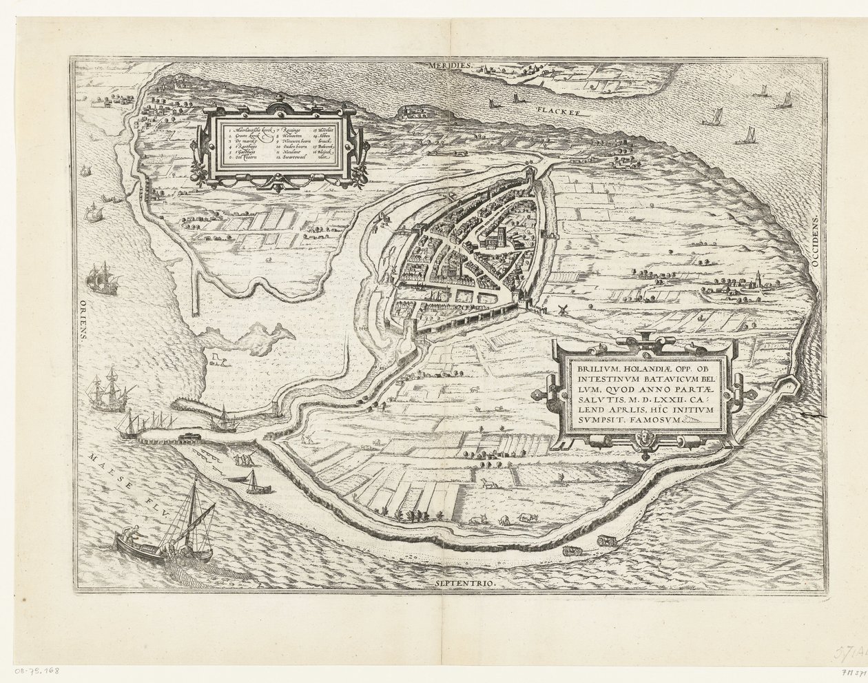 Kart over eiland Voorne en plattegrond av Brielle, 1572 Brillium, Holland opp. på grunn av den innbyrdes nederlandske krigen, som i året for seieren til Frelsen 72 e.Kr. i aprilvarmen begynte han her, berømt (tittel på objekt) av Frans Hogenberg