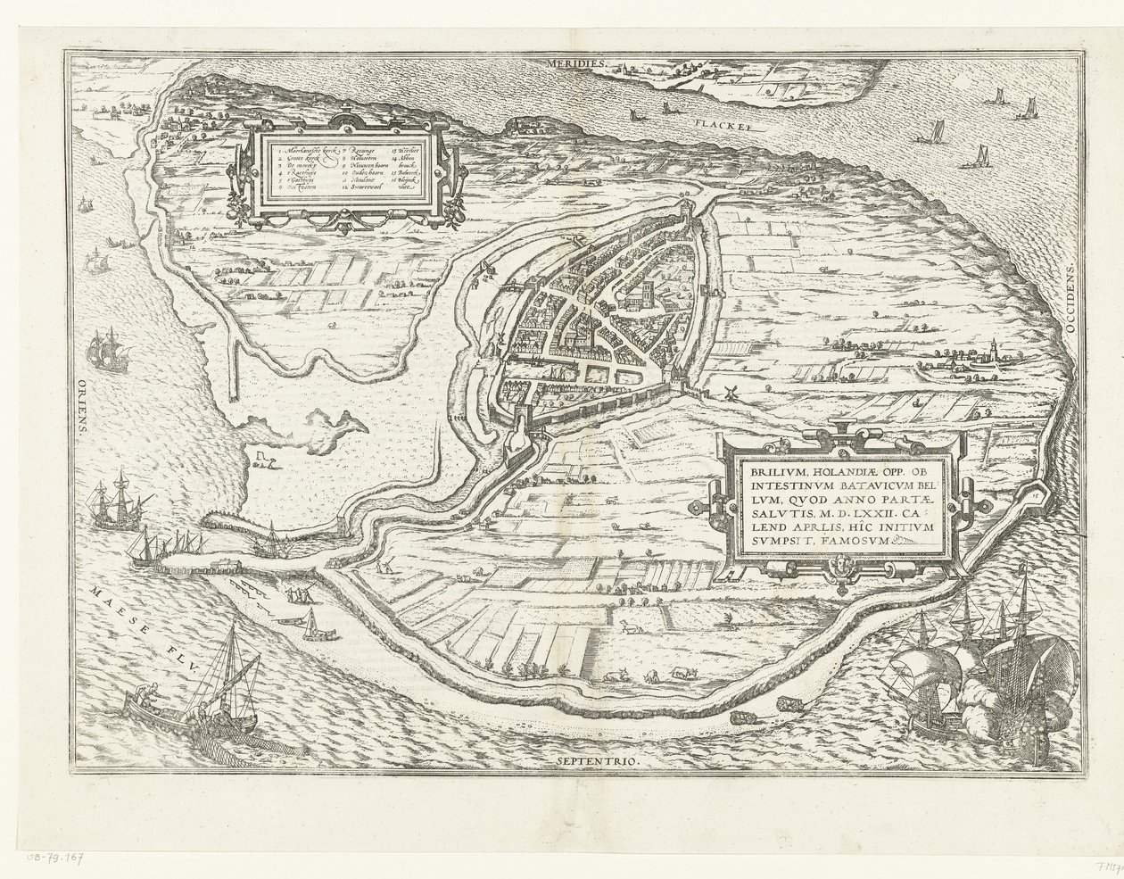 Kart over eiland Voorne en plattegrond av Brielle, 1572 Brillium, Holland opp. på grunn av den innbyrdes nederlandske krigen, som i året for seieren til Frelsen 72 e.Kr. i aprilvarmen begynte han her, berømt (tittel på objekt) av Frans Hogenberg