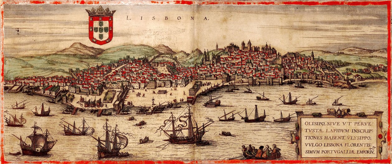 Utsikt over Lisboa og elven Tejo Fra: Verdenskart, 1572 av Frans Hogenberg